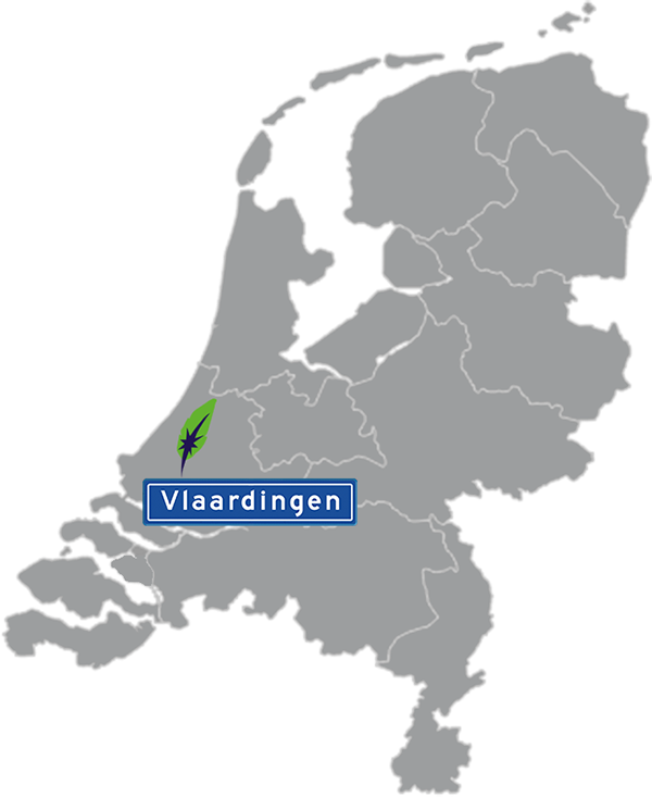 Landkaart Nederland grijs - locatie Dagnall Taleninstituut in Vlaardingen - aangegeven met blauw plaatsnaambord met witte letters en Dagnall veer - op transparante achtergrond - 600 * 733 pixels